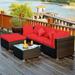Latitude Run® Eckfried 5 piece Rattan Sectional Seating Group w/ Cushions Synthetic Wicker/All - Weather Wicker/Wicker/Rattan in Red | Outdoor Furniture | Wayfair