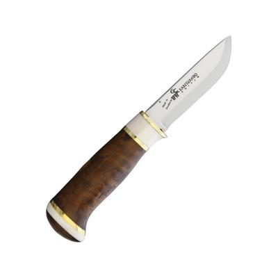 Karesuando Hieno Curly Birch Fixed Blade Knife 7.63in Overall 3.25in Mirror 12C27 Sandvik SS Drop Point Brown Curly Birch And Reindeer Horn Handle