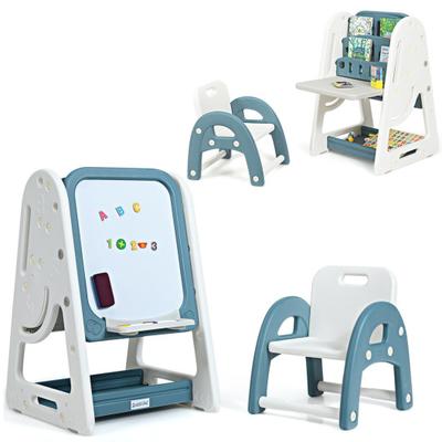 Costway 2-in-1 Kids Easel Desk Chair Set Book Rack Adjustable Art Painting Board-Blue