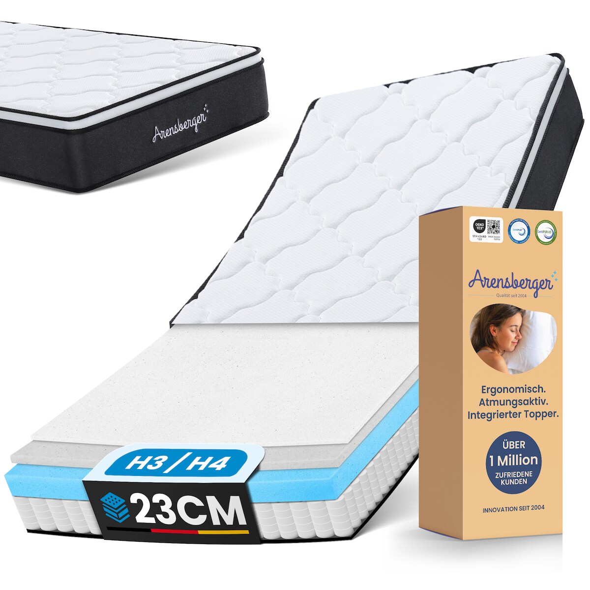 Arensberger VIKTORIA Taschen Federkernmatratze 180x200 cm - Integrierter Topper; 25cm Höhe; H4, H3, H2 Misch-Härtegrad; 7 Zonen Matratze Image