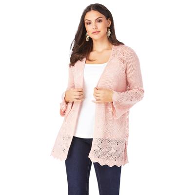 Plus Size Women's Bell-Sleeve Pointelle Cardigan by Roaman's in Soft Blush (Size 34/36) Sweater