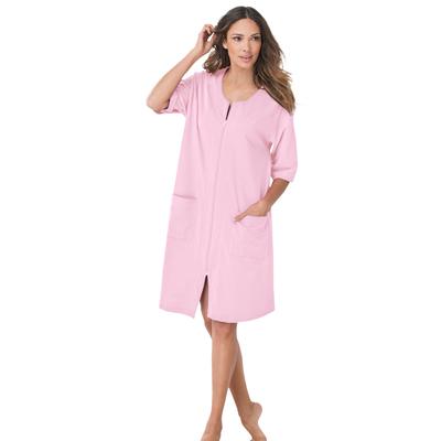 Plus Size Women's Short French Terry Zip-Front Robe by Dreams & Co. in Pink (Size L)