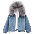 LAEMILIA Women's Denim Jeans Trucker Jacket Sherpa Fleece Lined Faux Fur Trim Hood Warm Coat (White Gray, 14)