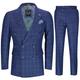 Mens Classic Grey Blue Prince of Wales Checks 3 Piece Double Breasted Suit Smart Retro Tailored Fit[SUIT-308-27-C15-GREY-36]