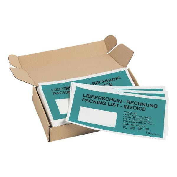Mailmedia 250er-Pack Dokumenten- und Lieferscheintaschen mit Aufdruck, DIN Lang türkis, 22x11 cm Image