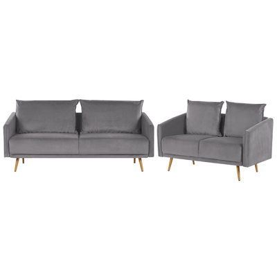 Sofa Set Grau aus Samtstoff Sitzgruppe mit Metallbeinen und abziehbaren Kissenbezüge Langlebig Glamourös Edel Zierkissen