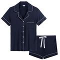 Amorbella Womens Rayon Short Sleeve Button Up Pajama/Pj Set Sleepwear Lounge Wear(Navy,Large)