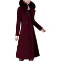 Women Pea Coat Plain Winter Long Thicken Woollen Blend Faux Fur Collar Overcoat,Wine Red,Large
