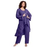 Plus Size Women's Three-Piece Beaded Pant Suit by Roaman's in Midnight Violet (Size 44 W) Sheer Jacket Formal Evening Wear