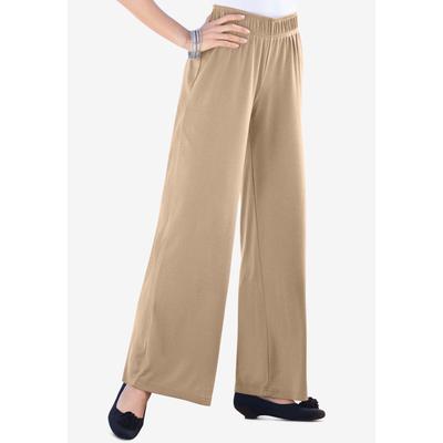 Plus Size Women's Plus Size Pull-On Wide Leg Soft Knit Pant by Roaman's in New Khaki (Size 3X) Pull On Elastic Waist