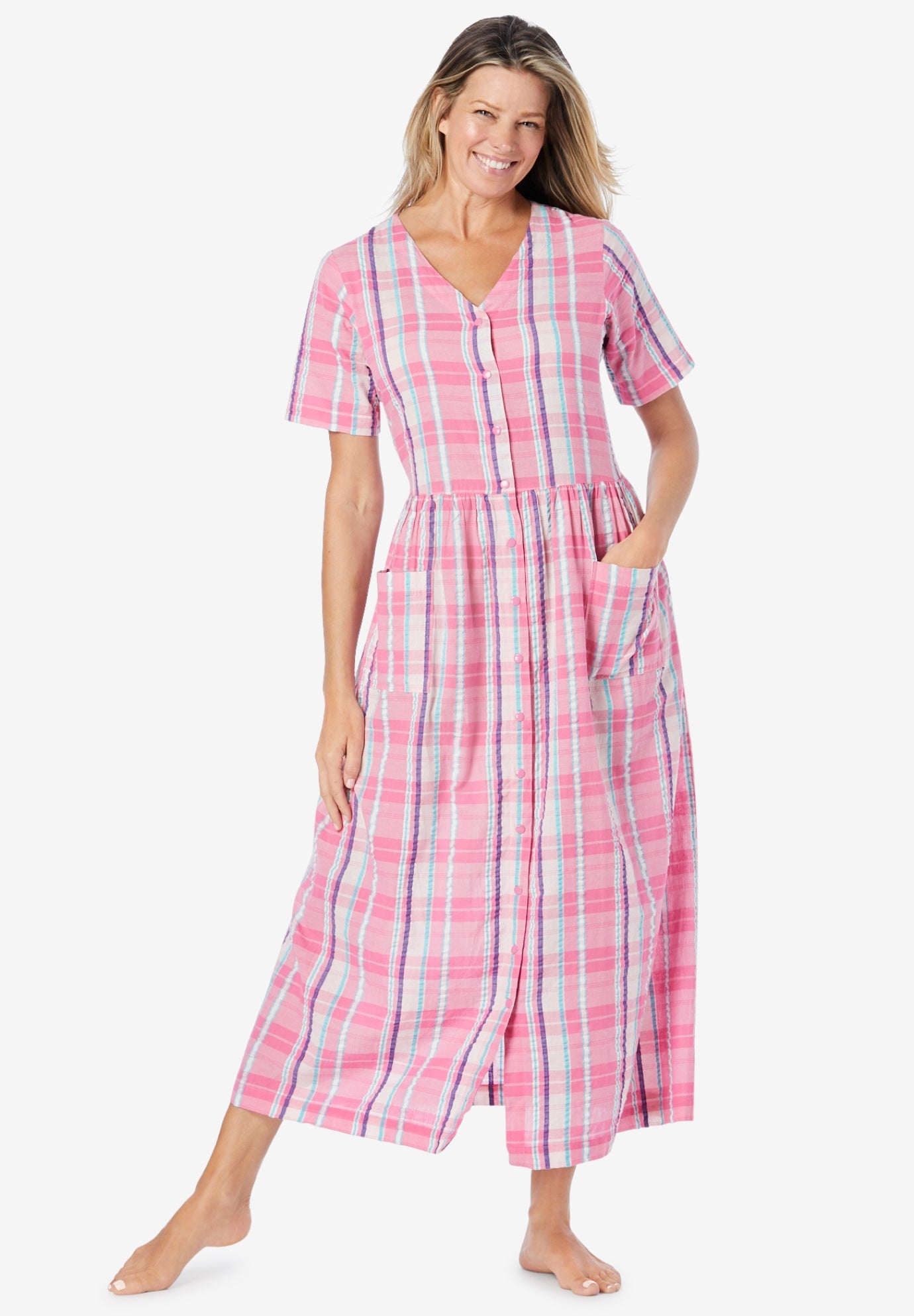 Plus Size Women's Long Seersucker Lounger by Only Necessities in Peony Petal Plaid (Size 6X)