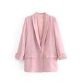 CML 2020 Women Solid Color Long Blazer Jacket Pleated Sleeve Loose Coat Office Lady Work Style Small Suit Single Button Blazer (Color : Pink, Size : L)