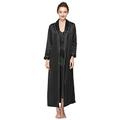 YAOMEI Two-Piece Women’s Nightdress & Dressing Gown Pyjamas Set Satin Full Length, Silky Long Sleeves Kimono Robe Nighties Set Sleepwear Nightwear Lingerie Robes Chemise (M, Black)