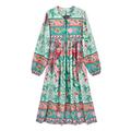 R.Vivimos Women's Casual Bohemian Print Neck Tie Long Sleeve Beach Style Long Midi Dress Vocation Dress (Medium, LightCyan)