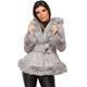 Womens Ladies Winter Coat Faux Vegan Suede Leather Fur Trim Collar Hooded Lined Hem Cuff Warm Parka Belted Swing Jacket Grey UK Size L/12