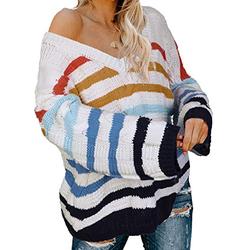 Arainlo Womens Baggy Jumper V Neck Sweater Cable Knit Jumper Knitted Jumper Winter Sweater Pullover Top Stripes Rainbow Medium, Size 10-12