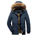 Mens Winter Warm Hooded Jacket Fur Collar Parka Thick Fleece Coats Zip Outwear Plus Size L Navy Blue