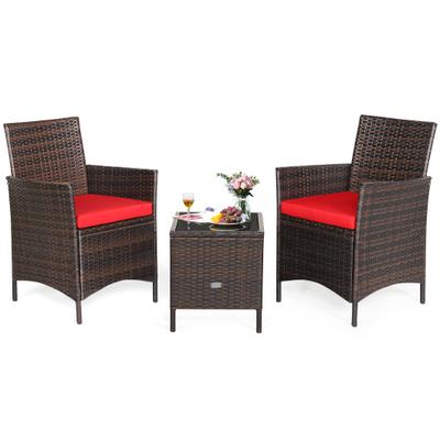 Costway 3 Pieces Patio Rattan Furniture Set Cushioned Sofa and Glass Tabletop Deck-Red