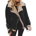 Lazzboy Womens Jacket Coat Suede Fleece Lined Biker Style Lapel Thick Belted Zipper UK 8-20 Oversized Plus Size(L(12),Black)