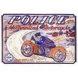 Buyenlarge 'Police Mechanical Motorcycle' Vintage Advertisement in Blue/Orange | 30 H x 20 W in | Wayfair 0-587-25121-2C2030