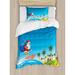 The Holiday Aisle® Kinkead Surfing Santa on a Wave w/ Sack at Beach Tropical Night Fantasy Cartoon Duvet Cover Set Microfiber in Blue | Twin | Wayfair