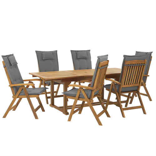 Gartenmöbel Set Braun Akazienholz 6-Sitzer Auflagen Graphitgrau ausziehbarer rechteckiger Tisch Rustikal Landhaus Stil Outdoor