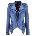 YYZYY Women's Fashion Punk Studded Denim Cotton Motorcycle Biker Jacket Coat Perfectly Shaping Slim Fit Full Zipper Short Jacket Ladies (S (UK 12), Blue)