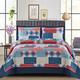 Patchwork Quilt Bedspreads King Size Bedding - 3Piece Box Pattern Thick Cotton Filling Decorative Stitch Blanket Bed Throw With 2 Matching Pillow Cover Set - Denim Red