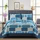 Patchwork Quilt Bedspread Super King Size Bed - 3 Pcs Box Pattern Thick Cotton Filling Bed Warmer Large Blanket Bed Spread With Quilt Fabric 2 Pillowcase - Denim Blue