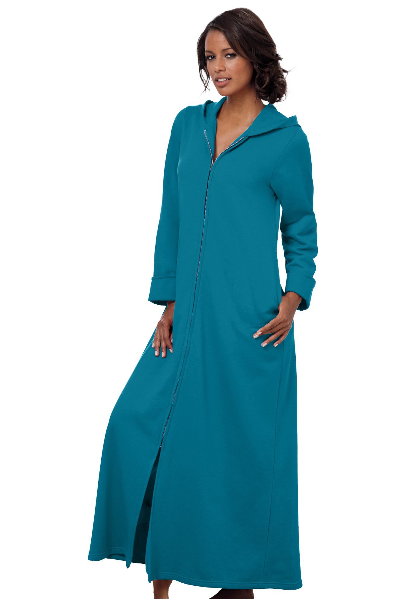 Plus Size Women's Long Hooded Fleece Sweatshirt Robe by Dreams & Co. in Deep Teal (Size 1X)