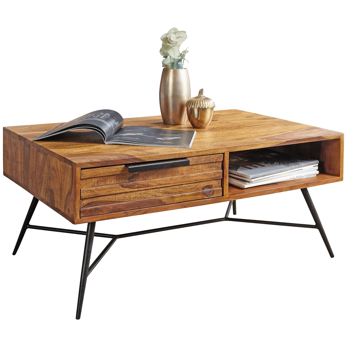 WOHNLING Couchtisch Massiv Holz Holztisch Wohnzimmertisch mit Metallbeinen Tisch