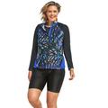 Plus Size Women's Chlorine Resistant Long-Sleeve Colorblock Swim Tee by Swim 365 in Blue Painterly Leaves (Size 16)