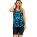 Plus Size Women's Longer-Length Racerback Tankini Top by Swim 365 in Blue Painterly Leaves (Size 30)