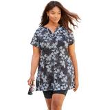 Plus Size Women's Longer Length Short-Sleeve Swim Tunic by Swim 365 in Black White Stencil Floral (Size 32)