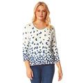 Roman Originals Women Jumper - Ladies Colour Block Print Stretchy Everyday Casual Lightweight Pullover Round Crew Neck 3/4 Sleeve Printed Wool Woolen Sweater Knitwear - Ivory Blue - Size 10