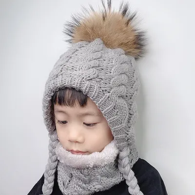 Bonnet à pompon en fourrure pour enfants chapeau d'hiver polaire intérieur Protection des