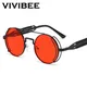 VIVIBEE-Lunettes de Soleil Steampunk pour Homme et Femme Verres Ronds Rouges Punk Métal Noir