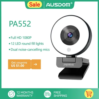 PAPALOOK – Webcam PA552 HD 1080P caméra USB à mise au point fixe avec Microphone et trépied