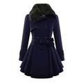 Lazzboy Trench Coat Womens Jacket Felt Duffle Faux Fur Lined Solid Lapel Belted Double Breasted Casual Tunic Strappy Pleasted Fluffy Warm Sherpa Parka Navy