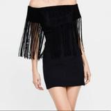 Zara Dresses | Black Fringe Off-The-Shoulder Mini Dress. | Color: Black | Size: Xs