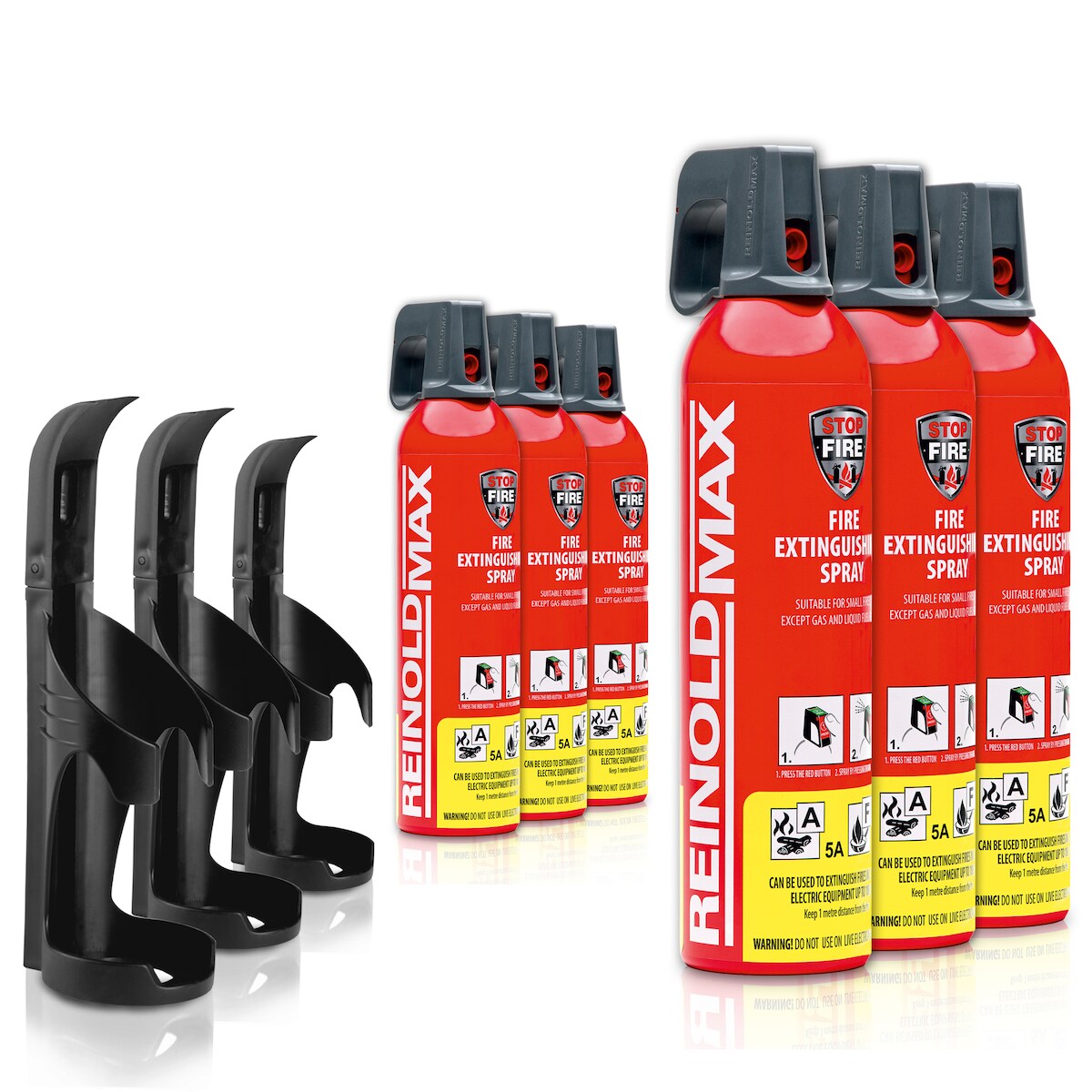 XENOTEC Premium Feuerlöschspray –6 x 750ml – Wandhalter - Stopfire – Autofeuerlöscher – REINOLDMAX – inkl. 3 Wandhalterung schwarz – wiederverwendbar Image