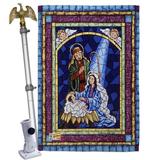 The Holiday Aisle® Roupen Stained Glass Nativity 2-Sided Polyester 40 x 28 in. Flag set in Blue | 40 H x 28 W x 4 D in | Wayfair