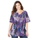 Plus Size Women's Seasonless Gauze Peasant Top by Catherines in Purple Leaf Print (Size 4X)