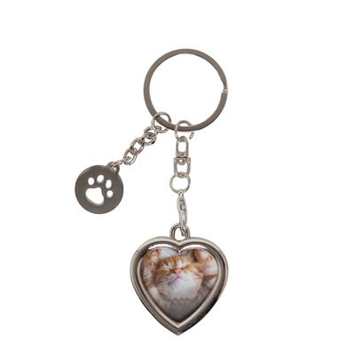 Pet Heart-Shaped Photo and Pawprint Charm Metal Keychain, Silver