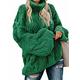 BLENCOT Women Solid Color Cable Knit Sweater Balloon Sleeve Turtle Neck Outwear Jumper Loose Fit Ribbed Pullover Green