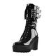 Only maker Women's Platform Lace Up Round Closed Toe Mid Calf Boots Faux Patent Leather 4 Inches Chunky Block High Heels Adjustable Buckle Party Dancing Dress Side Zipper Booties Black Size 11