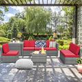 Latitude Run® Lasonya 8 Piece Rattan Sectional Seating Group w/ Cushions Synthetic Wicker/All - Weather Wicker/Wicker/Rattan in Red | Outdoor Furniture | Wayfair