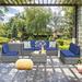 Latitude Run® Lasonya 8 Piece Rattan Sectional Seating Group w/ Cushions Synthetic Wicker/All - Weather Wicker/Wicker/Rattan in Blue | Outdoor Furniture | Wayfair