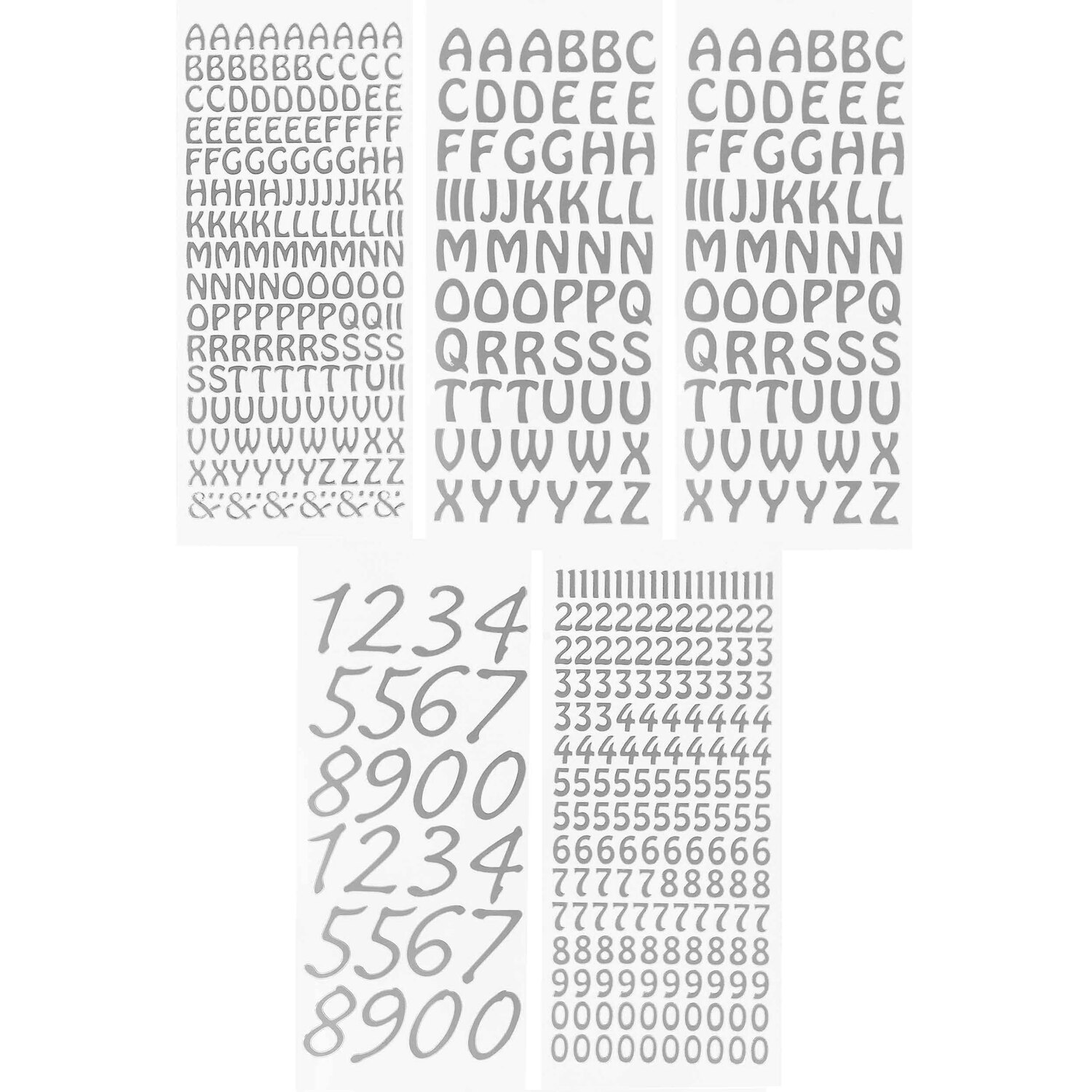 Stickers "chiffres et lettres", argenté, 23 x 10 cm, 5 feuilles