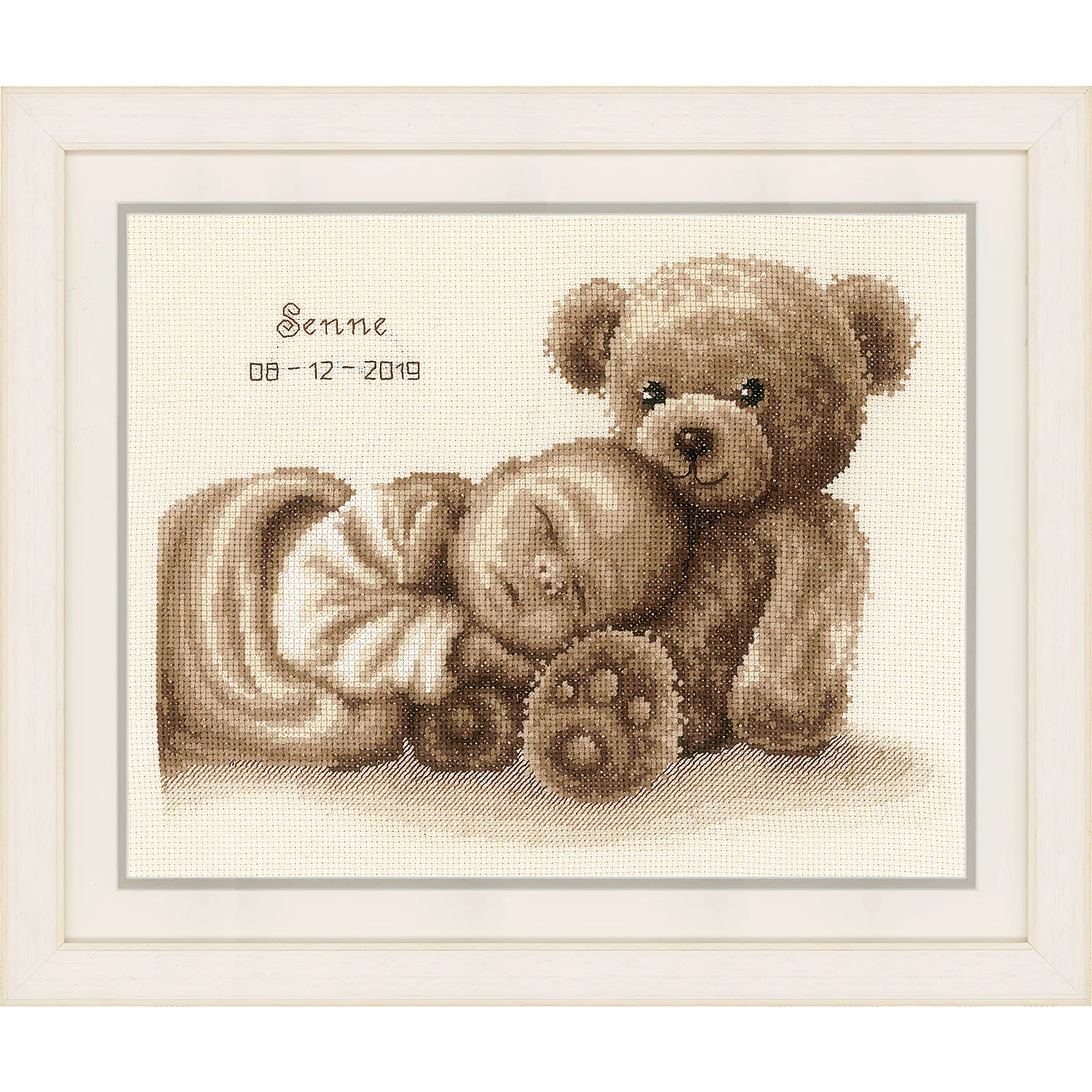 Tableau de naissance à broder "bébé et ourson", 28 x 22 cm